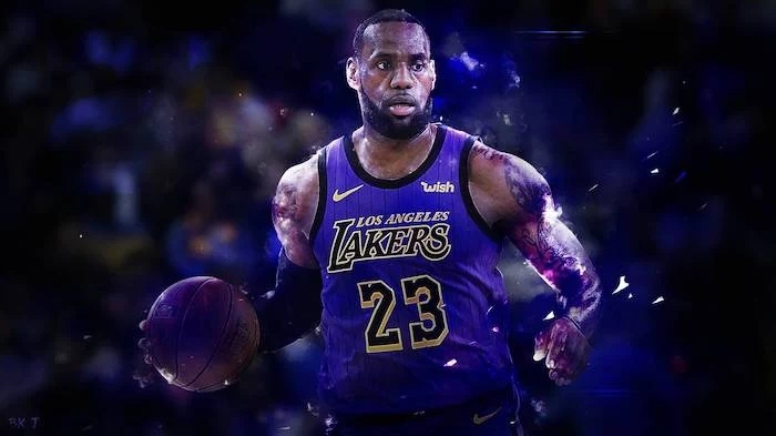 lebron james on the court holding a basketball wearing purple lakers uniform cool basketball wallpapers dark background