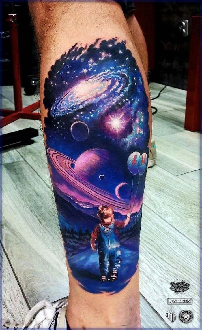 leg watercolor tattoo back tattoos for men boy holding balloons galaxy sky with planets above him