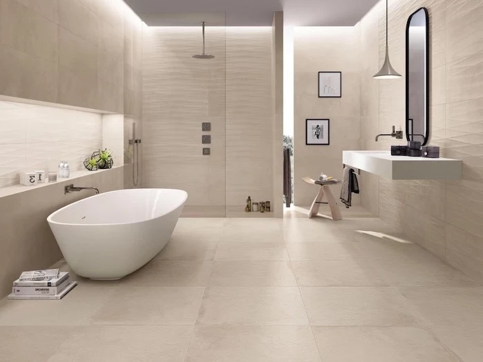 light beige tiles on the walls and floor bathroom shower tile ideas 3d tiles as accent in the shower floating vanity