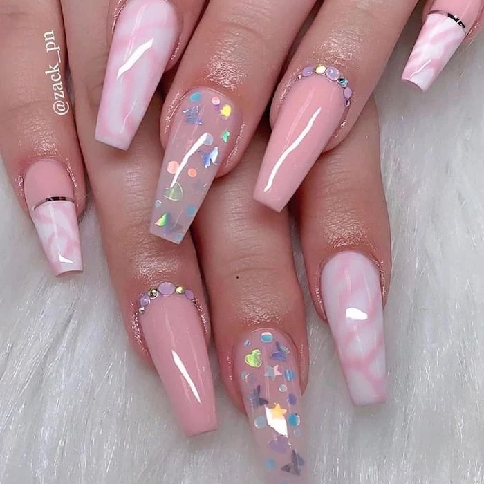 long coffin nail shape short acrylic nails pink nail polish marble decorations with rhinestones