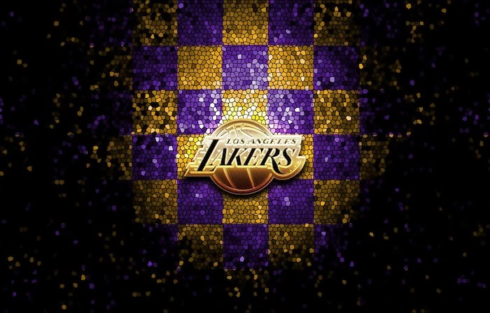 los angeles lakers logo in the middle cool nba wallpapers mosaic checkered purple and gold background