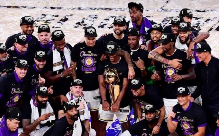 los angeles lakers team standing in the middle of the court posing for photo lebron james wallpaper 2020 nba finals