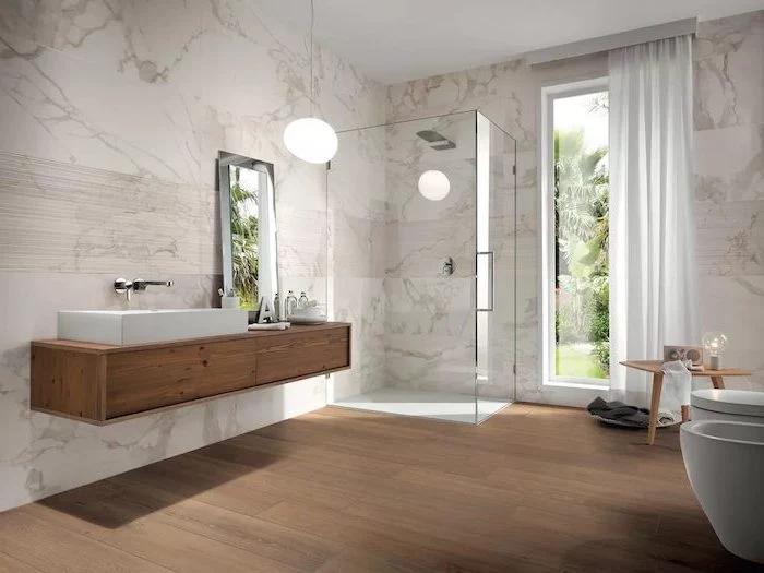 marble tiles on the walls wooden tiles on the floor bathroom tile ideas wooden floating vanity