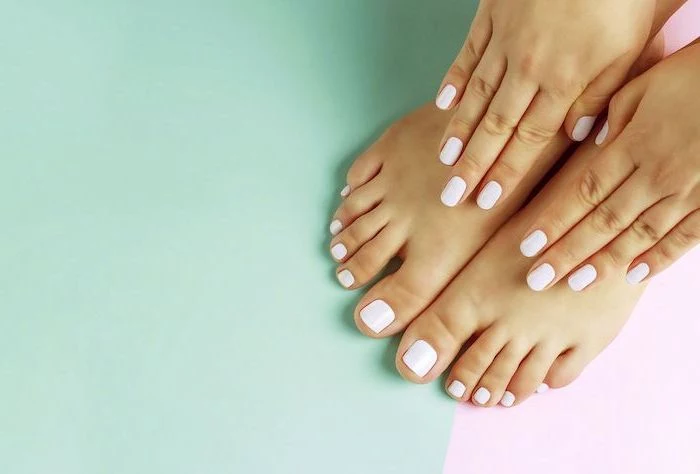 matching manicure and padicure in light pink cute nail designs mint green and pink background