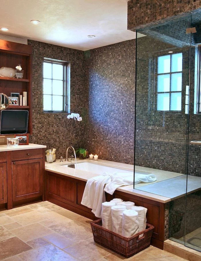 mosaic accent wall around the bath and shower cabin rustic bathroom decor tiles on the floor wooden vanity