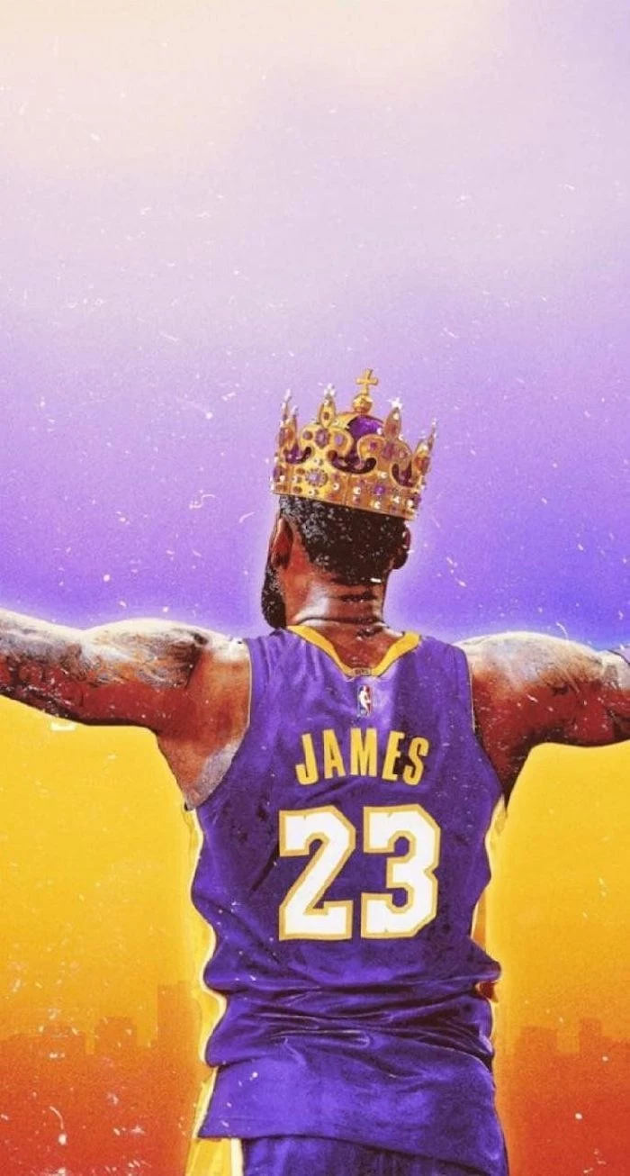nba wallpaper iphone lebron james wearing purple lakers uniform crown on his head purple and gold background