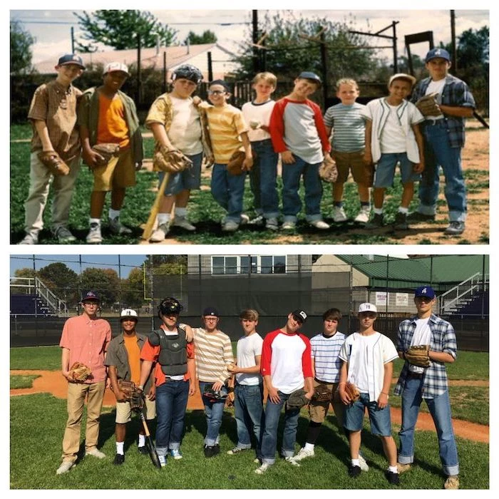 nine men dressed as the characters from the sandlot group halloween costumes for work photographed on baseball field