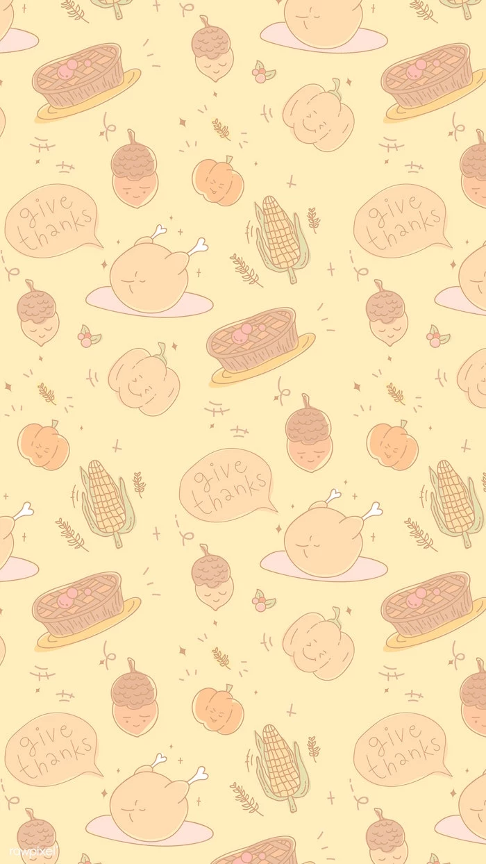 pies turkeys pumpkins corn drawn on yellow background thanksgiving desktop backgrounds give thanks