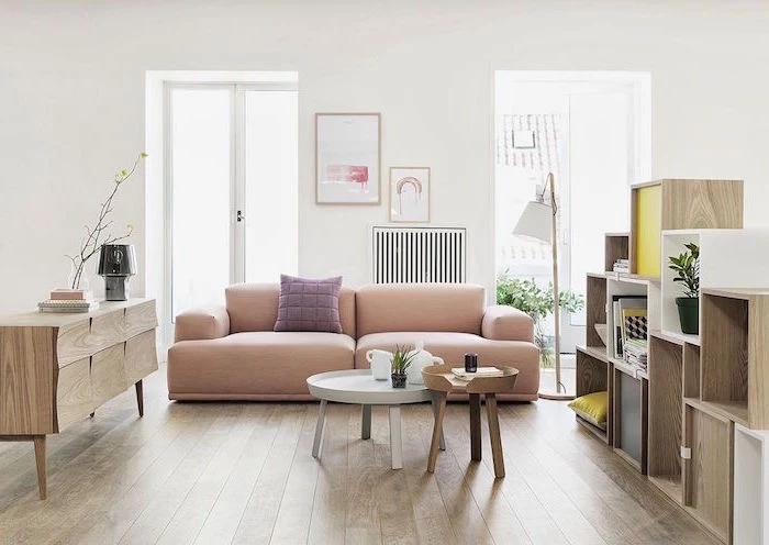 pink sofa with purple throw pillow scandinavian design living room two wooden coffee table bookshelf cupboard wooden floor