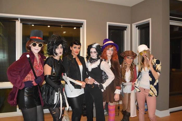 seven women dressed as different famous johnny depp characters cute group halloween costumes