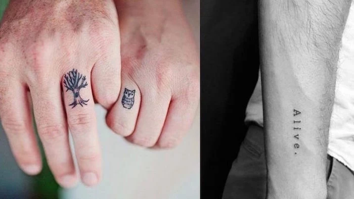side by side photos meaningful tattoos for men wrist tattoo with alive written matching couple tattoos of tree of life owl finger tattoos