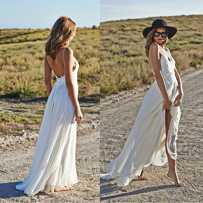 side by side photos of blonde woman wearing flowy wedding dress made of tulle with lacy top walking barefoot