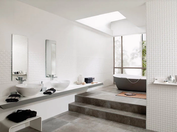 small square mosaic accents on the white walls bathroom floor tile ideas dark gray tiles on the floor floating vanity