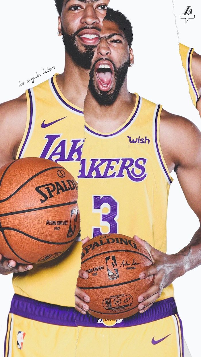 split photo of anthony davis holding a basketball wearing lakers uniform lakers background screaming