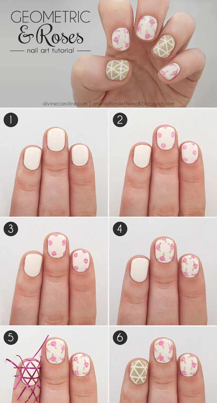 step by step diy tutorial summer acrylic nail designs drawing roses on your nails on white nail polish
