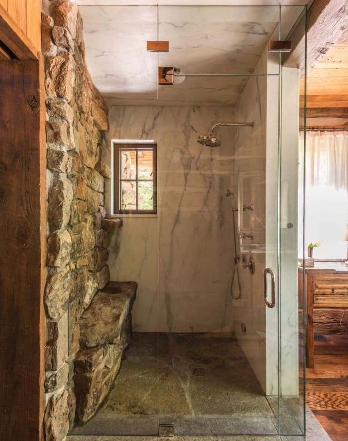 stone wall under the shower marble on the walls and ceiling farmhouse bathroom wall decor shower behind glass doors