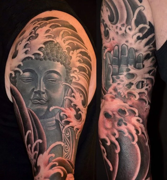 symbols with deep meanings buddha sleeve tattoo with skulls on man wearing black top black background