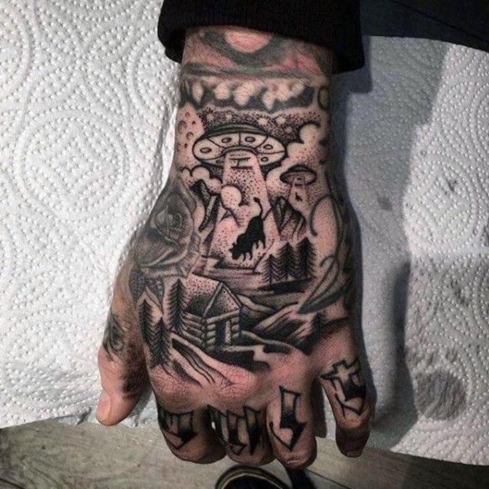tattoo designs for men hand tattoo of rural landscape alien abduction of cow tattooed with black ink