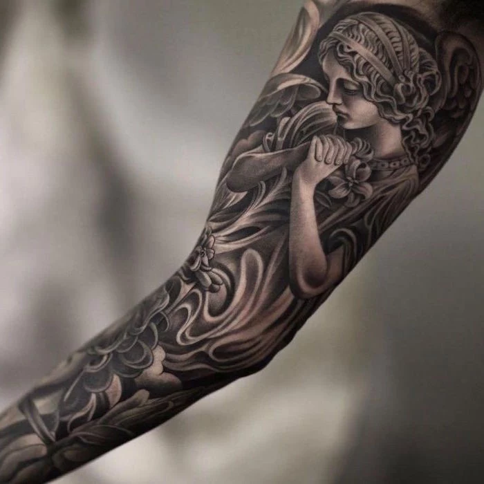 tattoo ideas for men praying woman surrounded by flowers arm sleeve tattoo with black ink