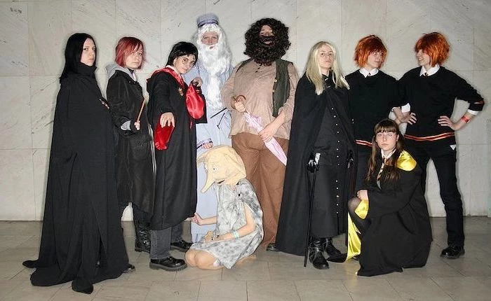 ten people dressed as characters from harry potter halloween costume ideas for girls snape dobby hagrid fred george