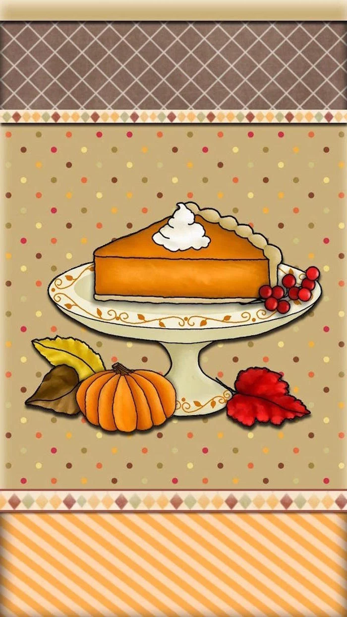 thanksgiving wallpaper hd drawing of pumpkin pie slice on cake stand with pumpkin cranberries fall leaves
