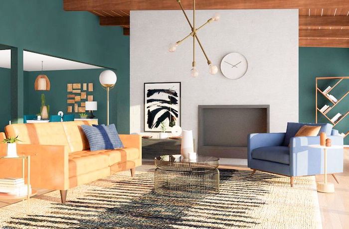white accent wall the rest of the walls in green mid century modern house orange sofa blue armchair wooden floor