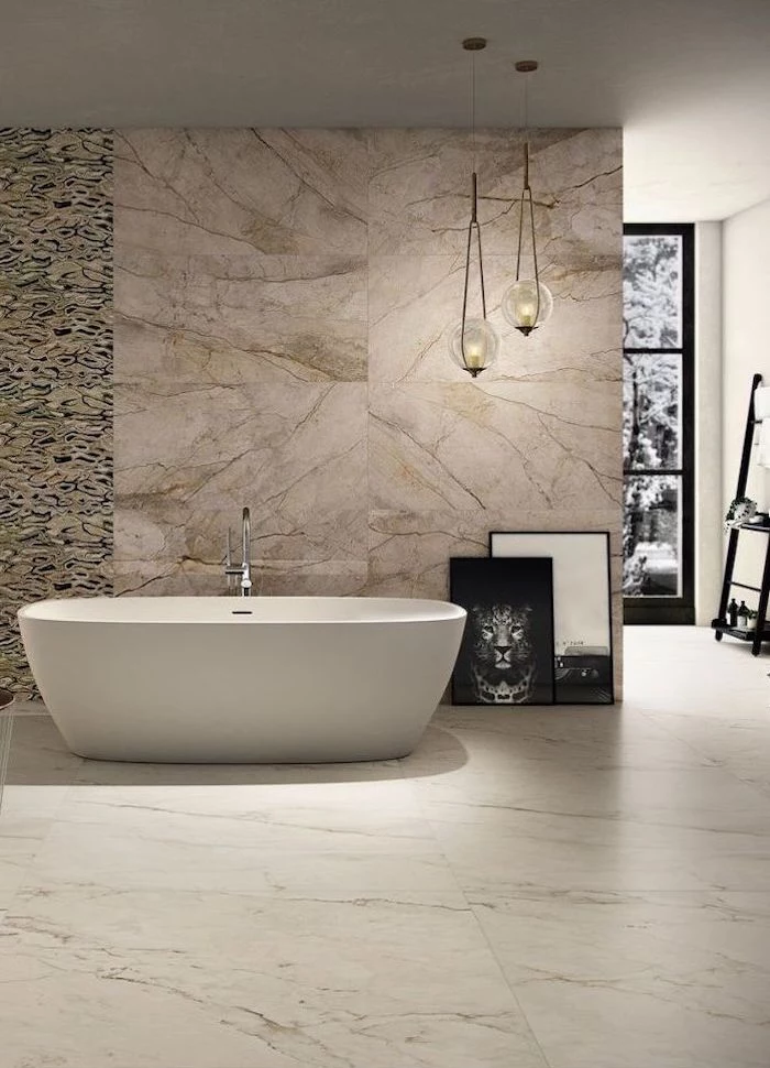 white bathtub bathroom backsplash ideas beige and gold tiles with pattern behind it bathroom backsplash ideas marble tiles on the floor