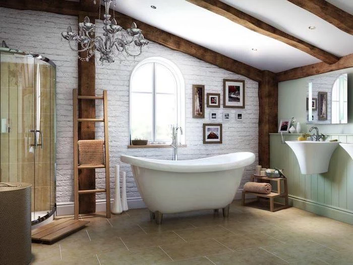 white brick wall behind bath tiled floor farmhouse bathroom shelves exposed wood beams on the ceiling shower cabin