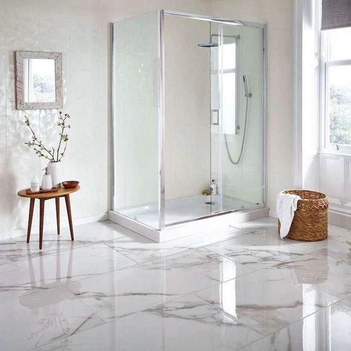 white tiles on the walls how to tile a bathroom floor marble tiles on the floor shower separated with glass