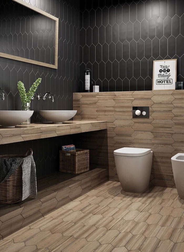 wooden like tiles on the floor and half the wall bathroom tile ideas black tiles on the walls mirror on the wall