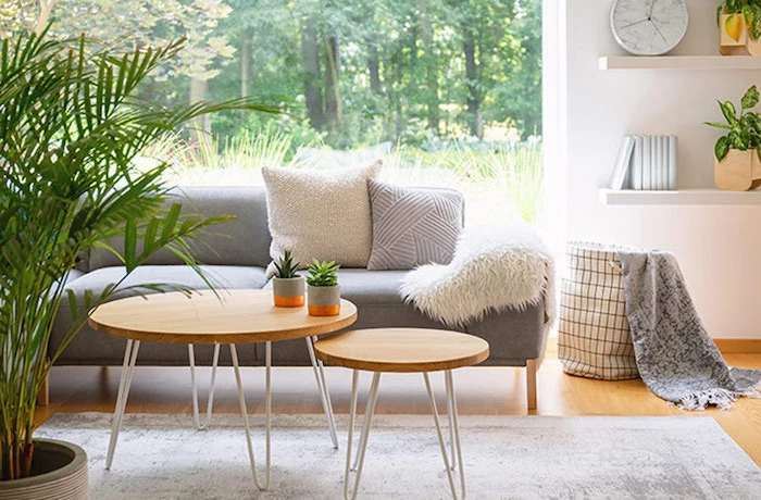 wooden round coffee tables in front of gray sofa scandinavian home decor carpet on wooden floor