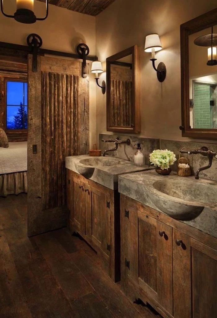 wooden vanities with stone sinks and two mirrors above them farmhouse bathroom shelves barn doors