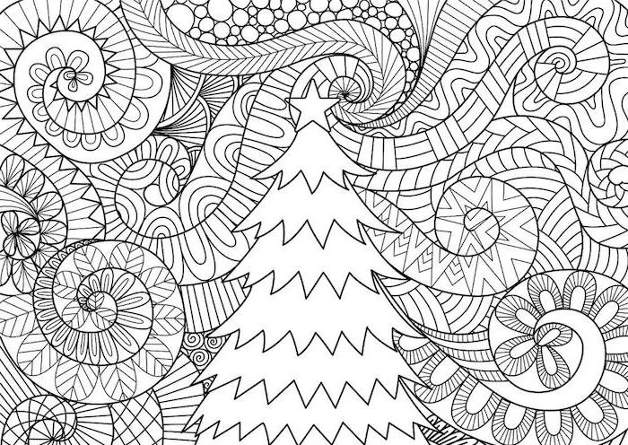 abstract background of drawing of christmas tree with star tree topper coloring sheets for kids black and white drawing