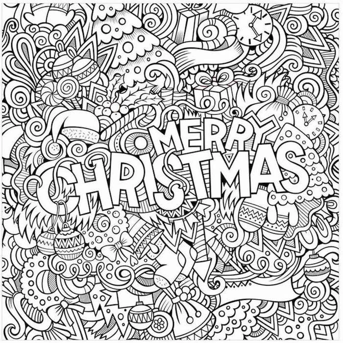 abstract drawing of different christmas objects and decorations free coloring pages for kids merry christmas written in white