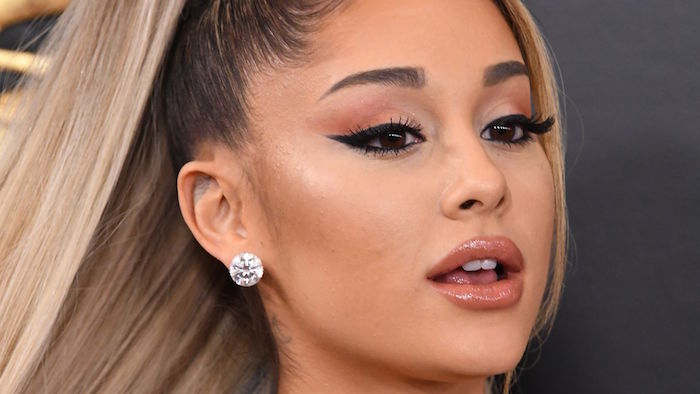 ariana grande wearing diamond earrings how to do winged eyeliner balayage hair in high ponytail brown lip gloss