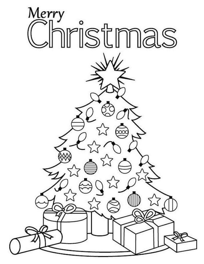 baubles and lights on christmas tree with presents underneath printable christmas coloring pages merry christmas written above it