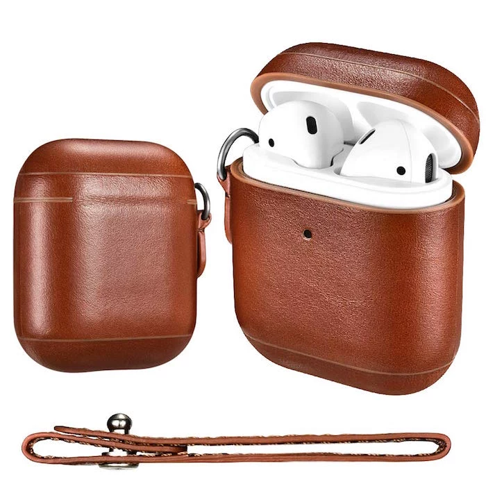 best gifts for dad brown leather case for earpods case side by side photos open and closed on white background