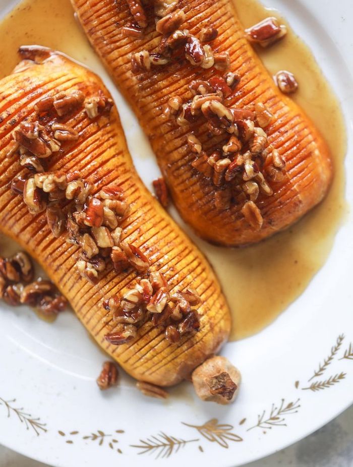 best thanksgiving sides roasted butternut squash with walnuts cinnamon honey placed on white plate