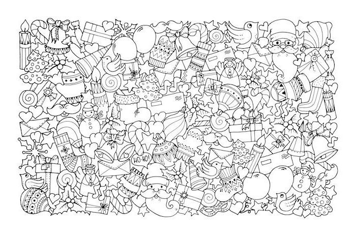 black and white drawing of different christmas objects christmas tree coloring page baubles presents candy canes santa clause