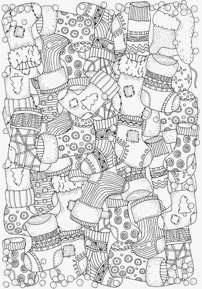 black and white drawing of lots of different stockings with different prints coloring pages for kids white background