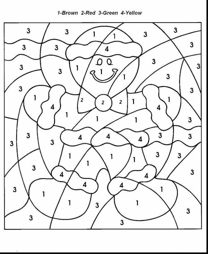 black and white drawing of snowman christmas tree coloring page color by numbers drawing for brown red green yellow