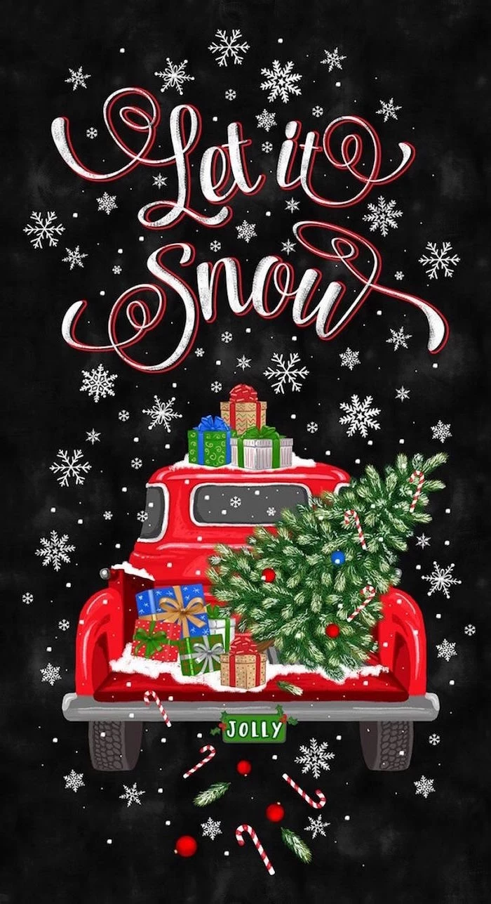 black background merry christmas wallpaper let it snow written over drawing of red truck carrying presents christmas tree