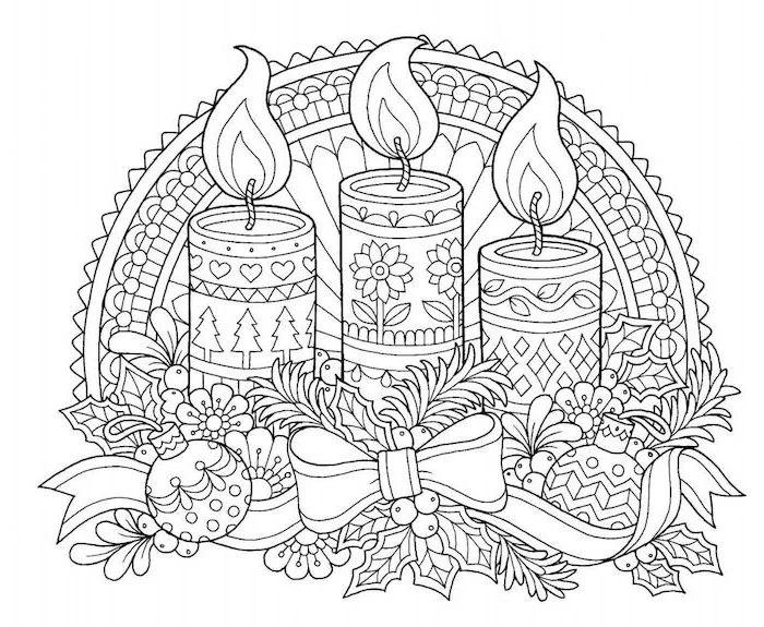 candles with different prints wreath around them with baubles ribbon mistletoe printable christmas coloring pages