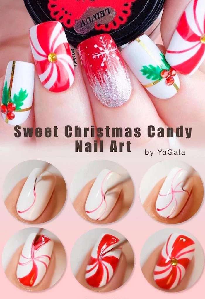 candy in red and white decoration step by step diy tutorial cute christmas nails medium length squoval nails