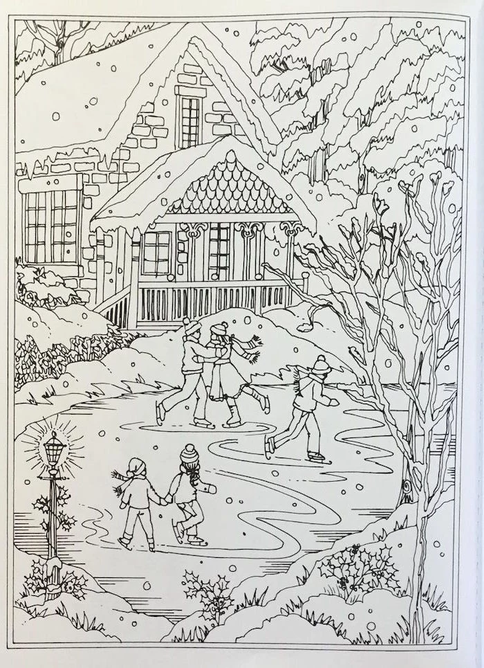 christmas coloring pages black and white drawing of house covered with snow frozen lake in front of it people skating on it