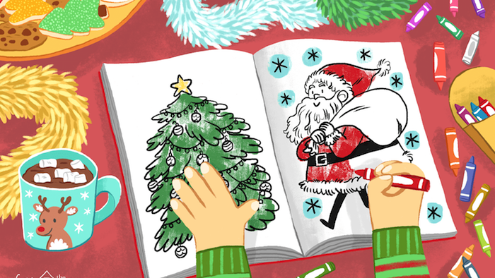 christmas coloring pages for kids drawing of coloring book child coloring on it with crayons hot chocolate next to it