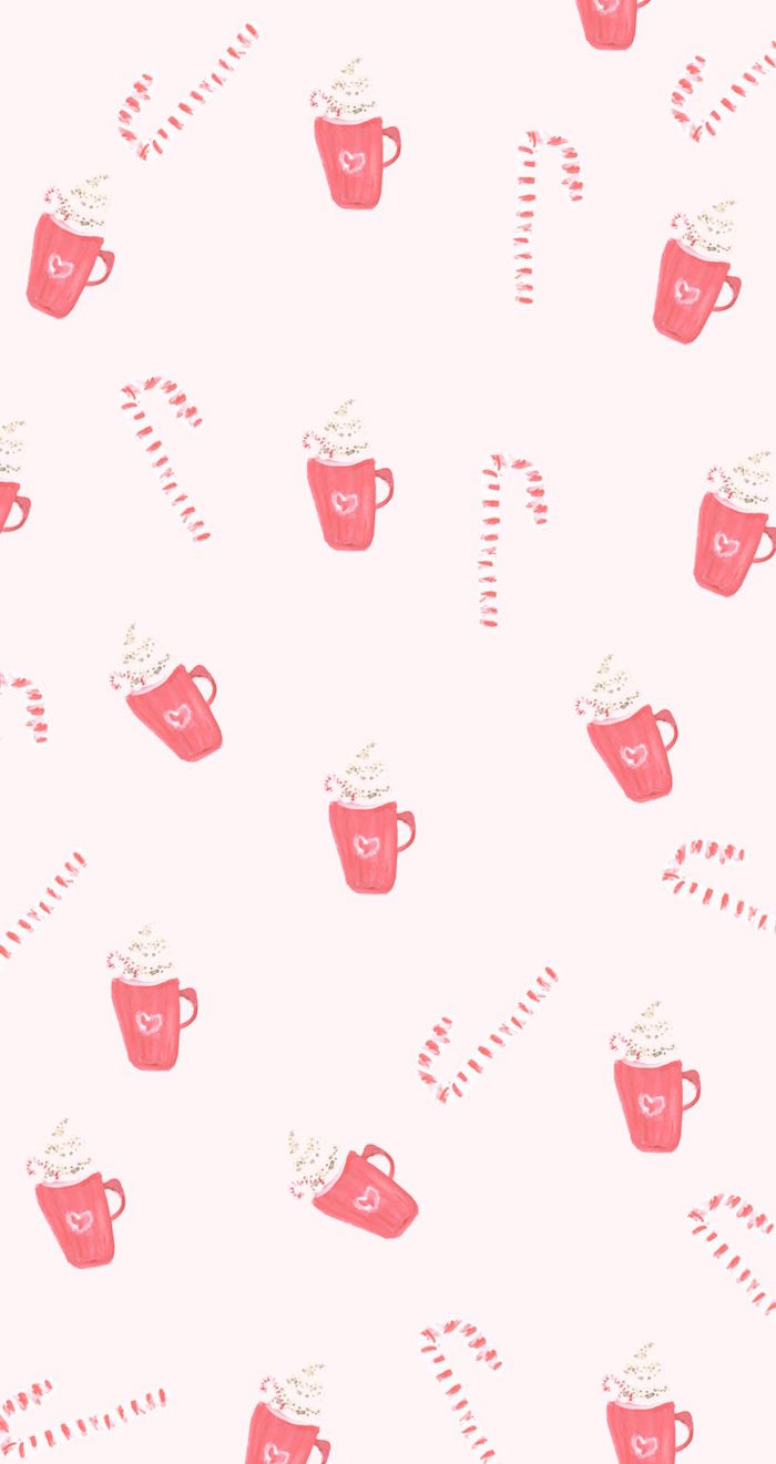 christmas desktop backgrounds pink background with mugs full of hot cocoa and candy canes drawn on it