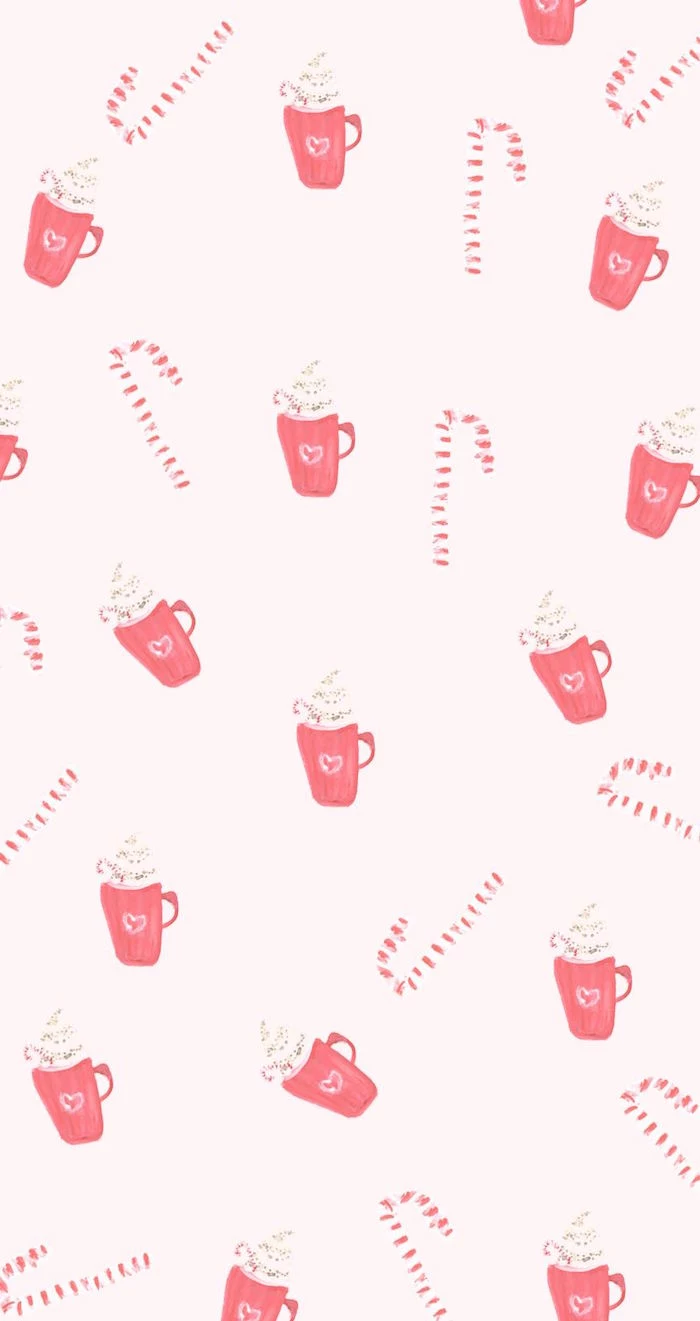 christmas desktop backgrounds pink background with mugs full of hot cocoa and candy canes drawn on it