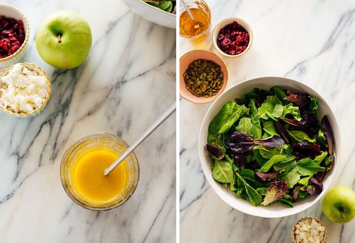 christmas food ideas side by side photos how to make apple salad and dressing bowls placed on marble surface