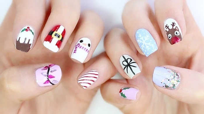 christmas inspired decorations on medium length square nails christmas nail designs 2020 different decoration on each nail